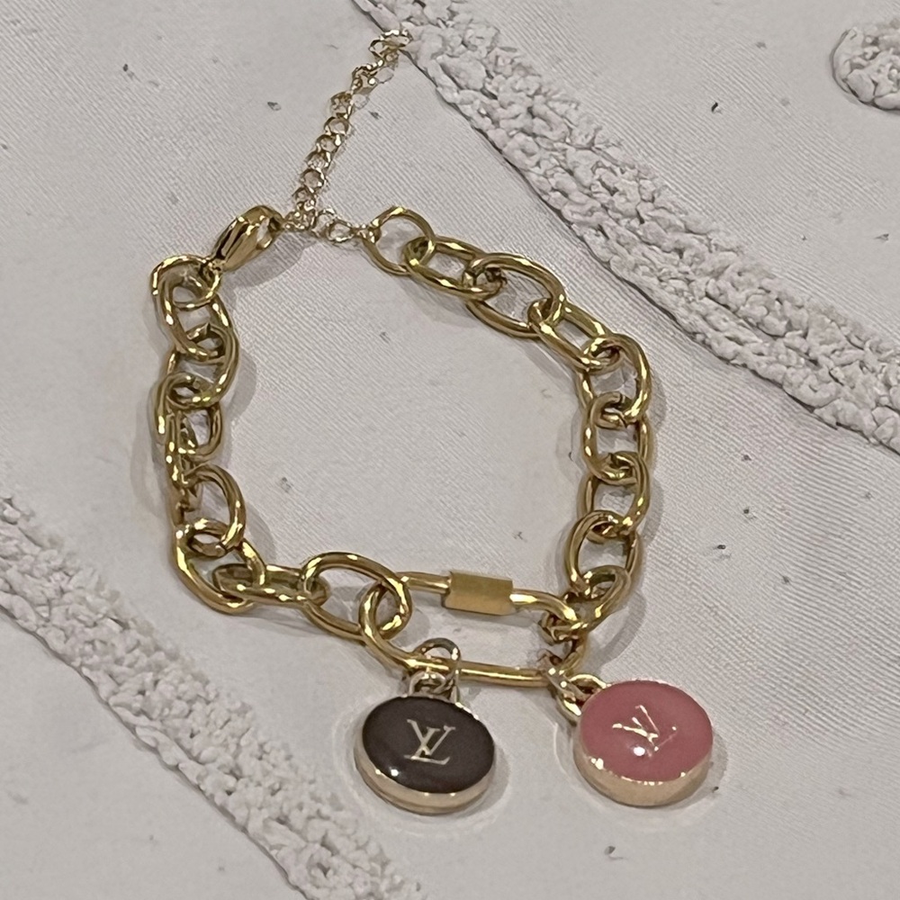 Louis Vuitton Double Sided Pink & Brown Charms on unbranded gold link bracelet